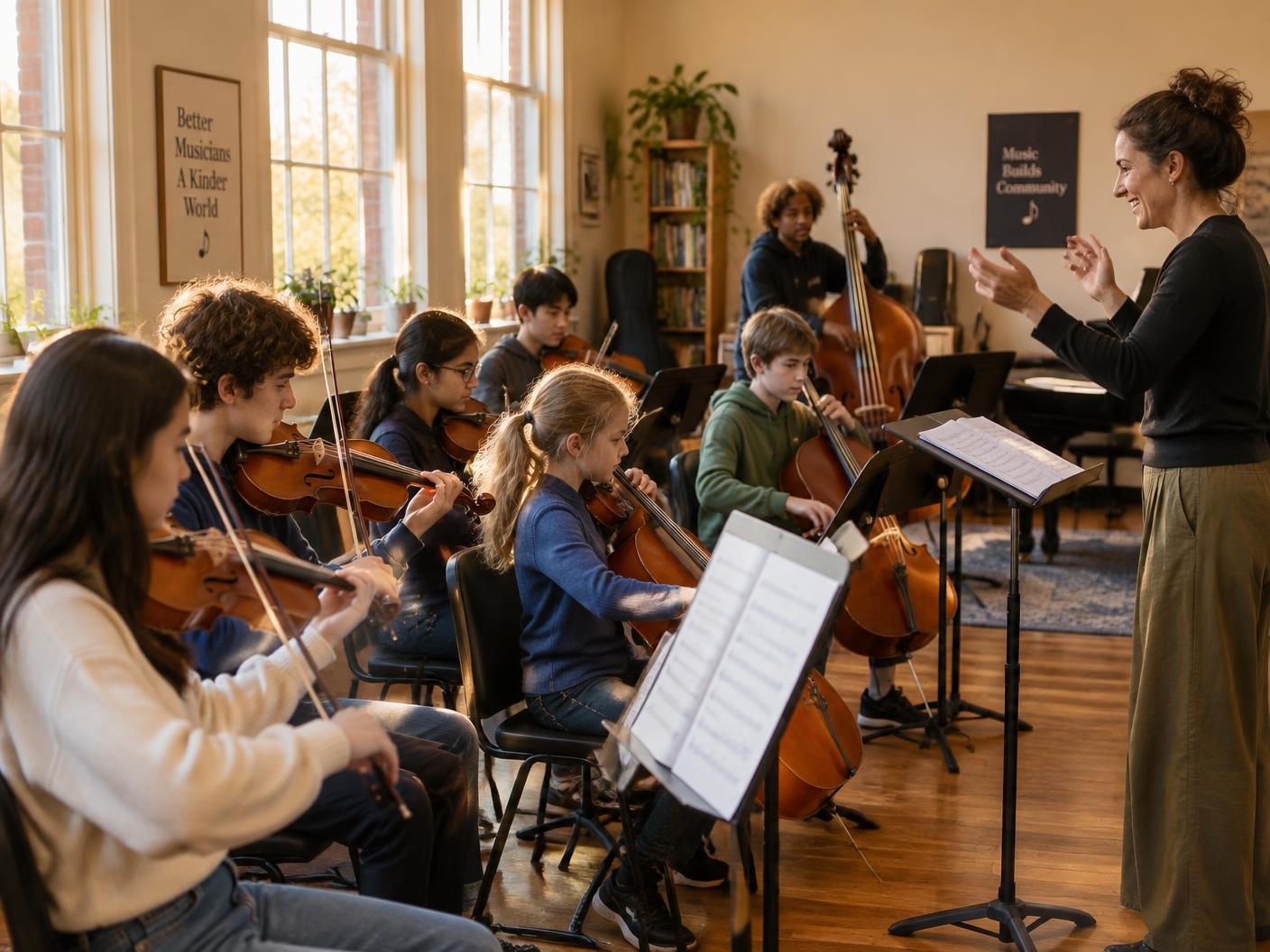 Students of all ages rehearsing together in an orchestra