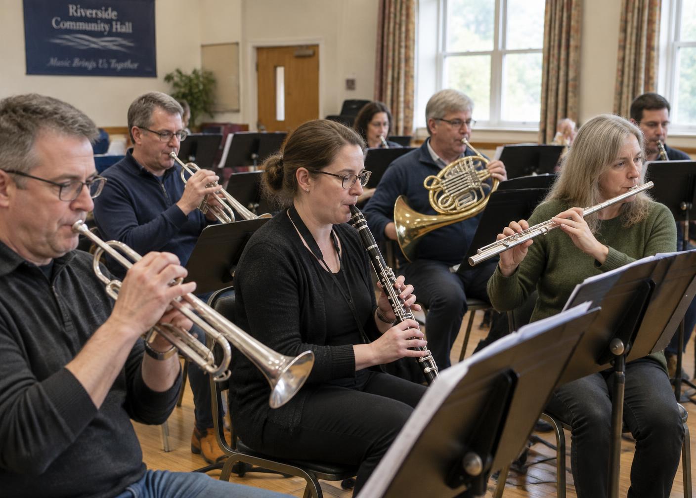 Adult wind and brass players rehearsing in a community hall