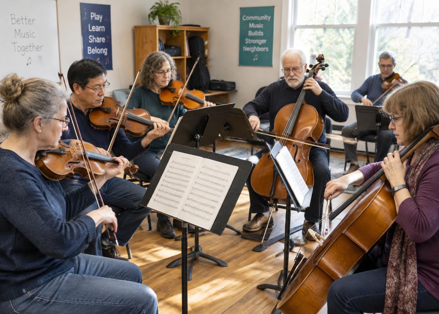Adult string players rehearsing together in a sunlit room