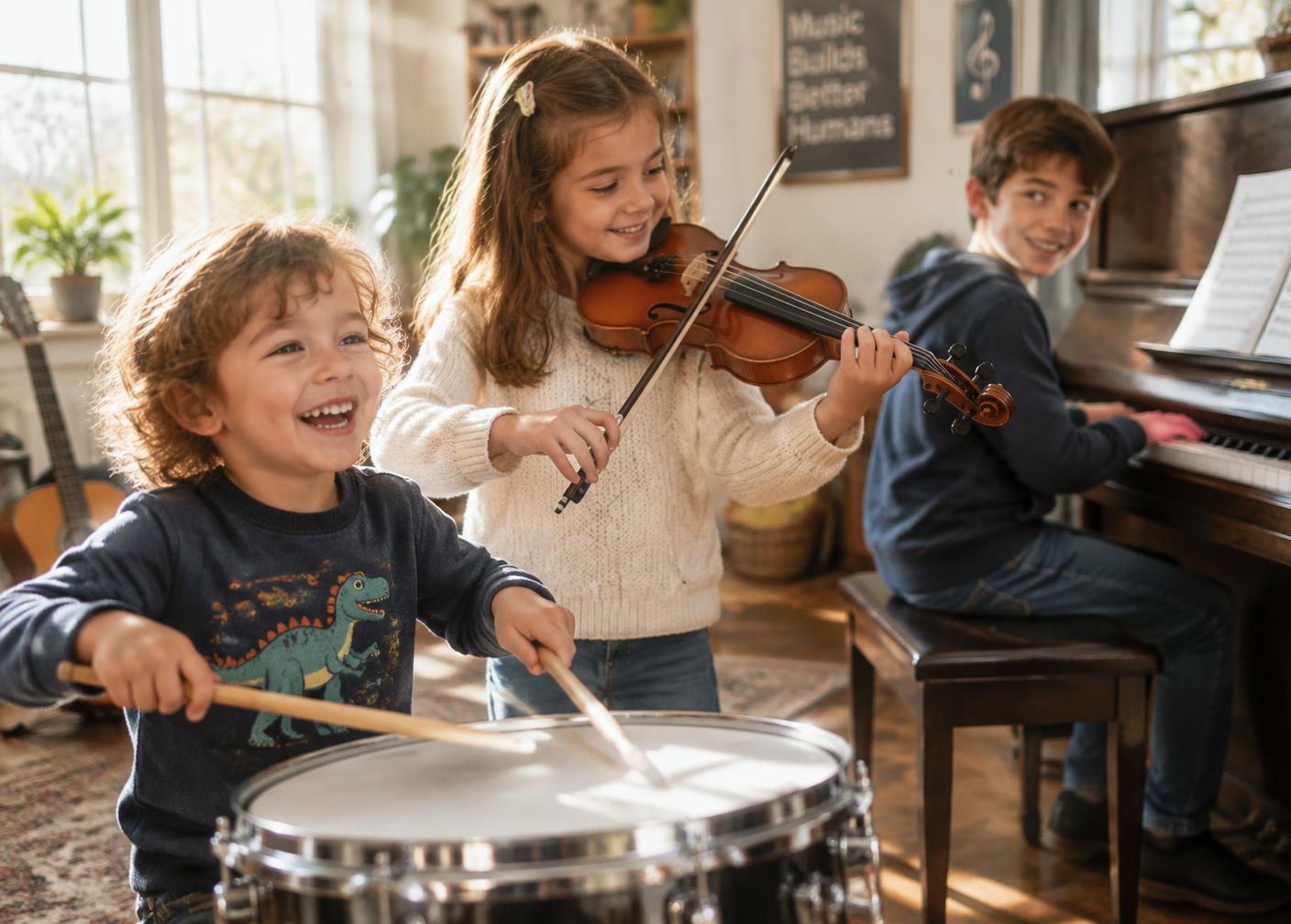 Three young children playing drums, violin and piano together