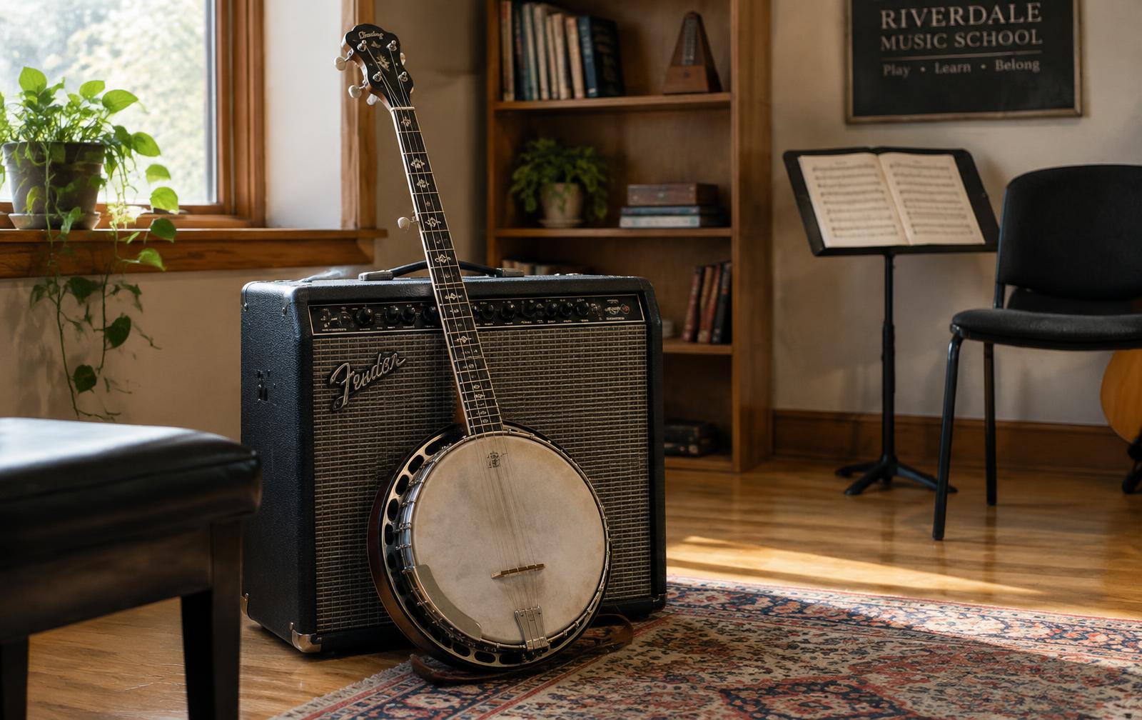 A five-string banjo leaning against an amplifier in a music school studio