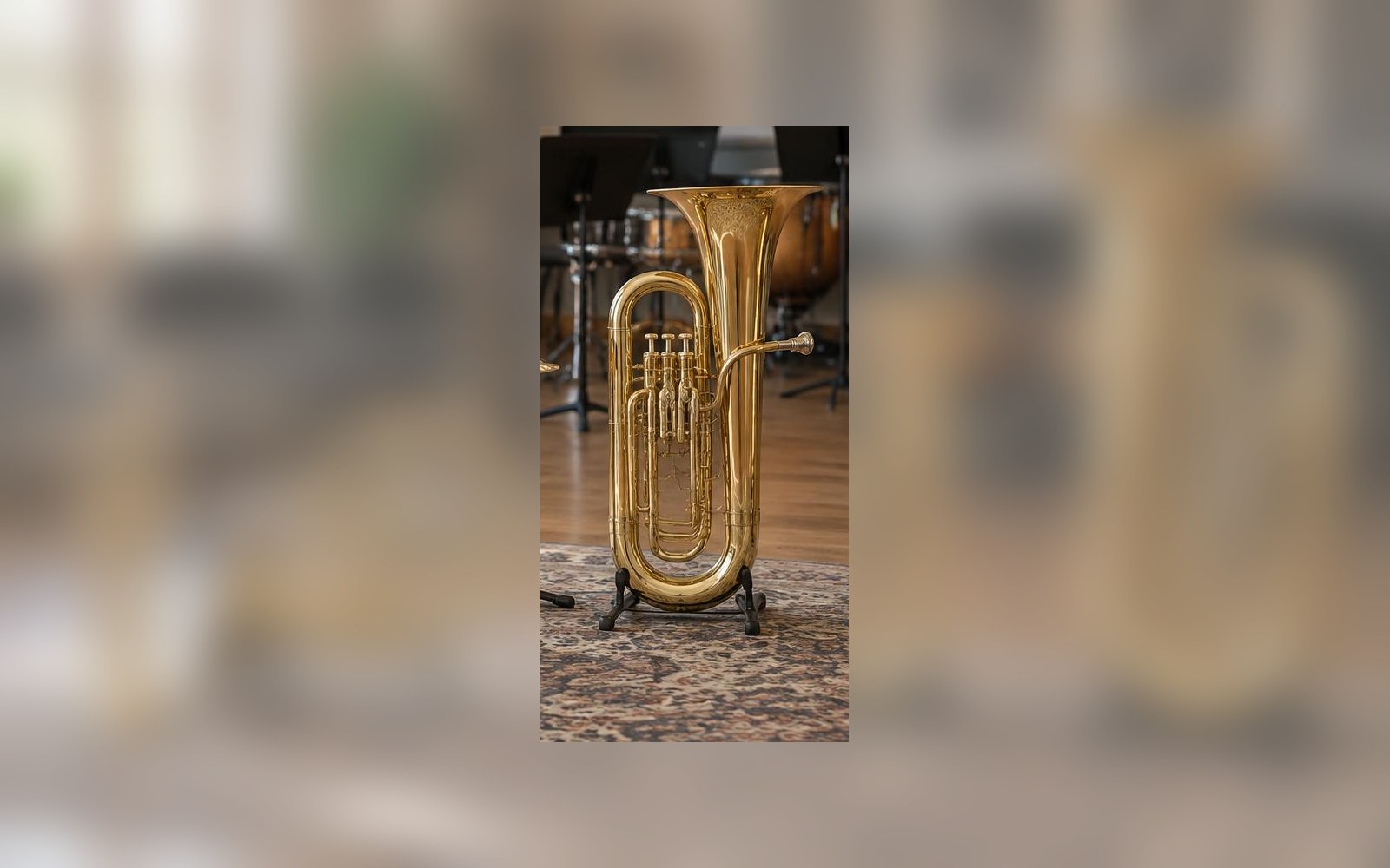 A baritone horn displayed in a music school rehearsal room