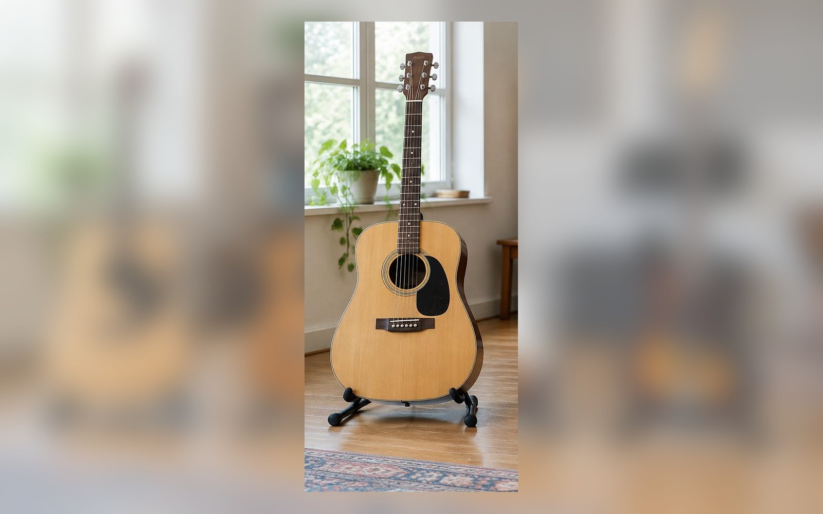 A steel-string folk guitar in a music school studio