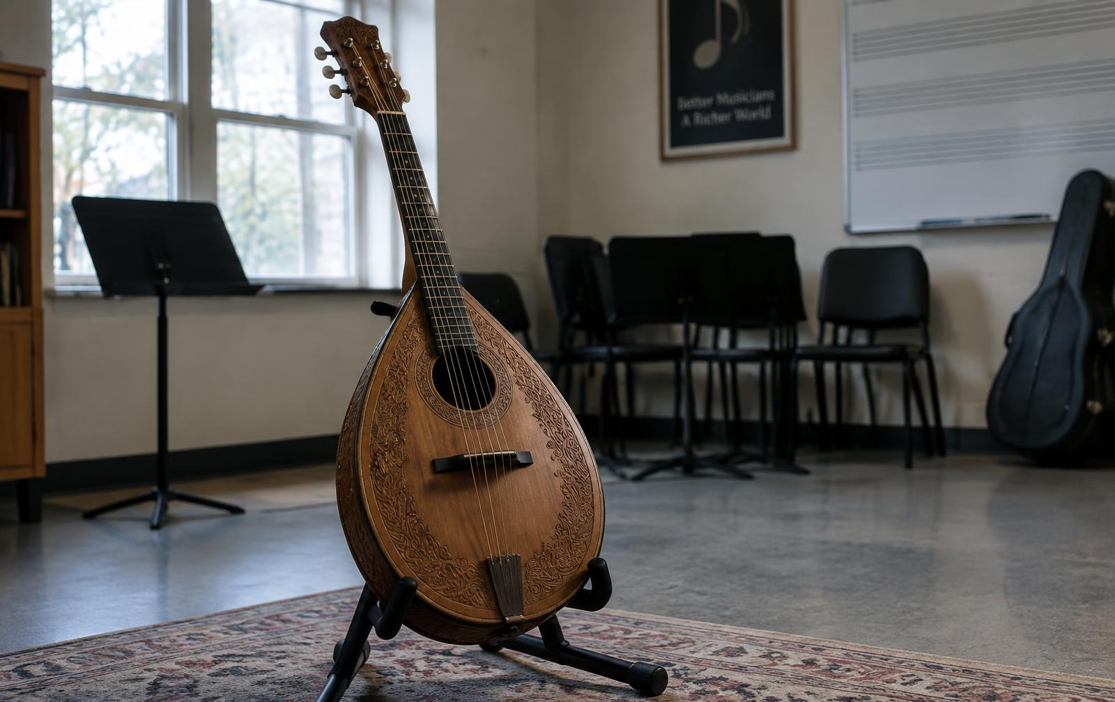 A carved wooden mandolin on a stand in a music school rehearsal room