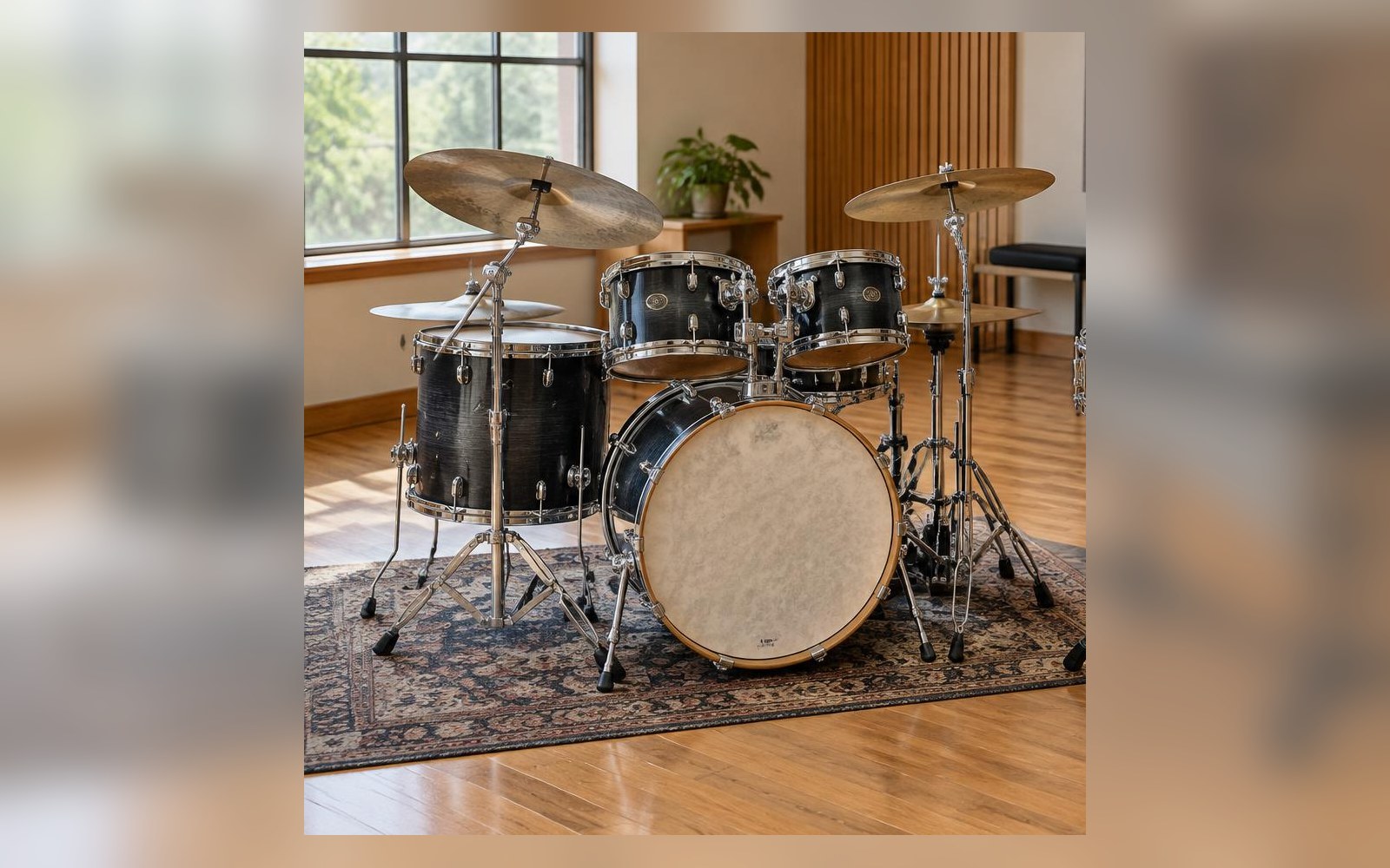 A complete drum set in a percussion studio