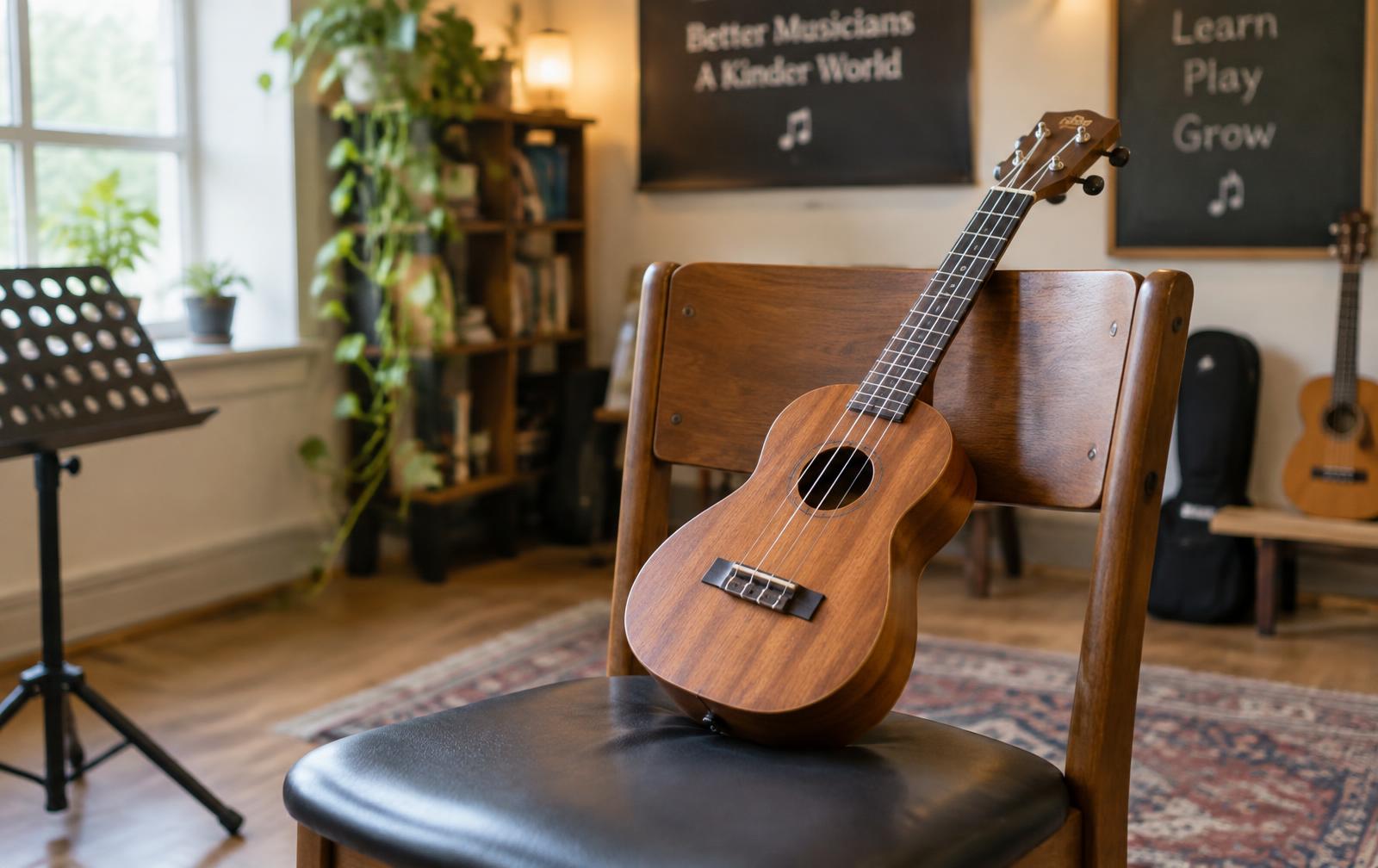A wooden ukulele resting on a chair in a music school studio