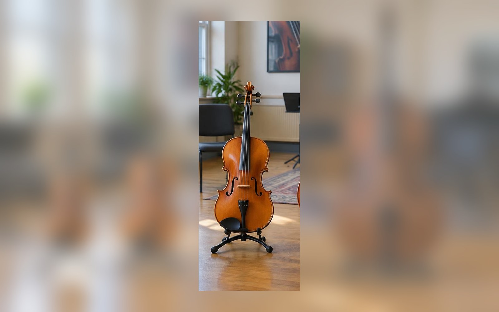 A viola displayed in a music school rehearsal room