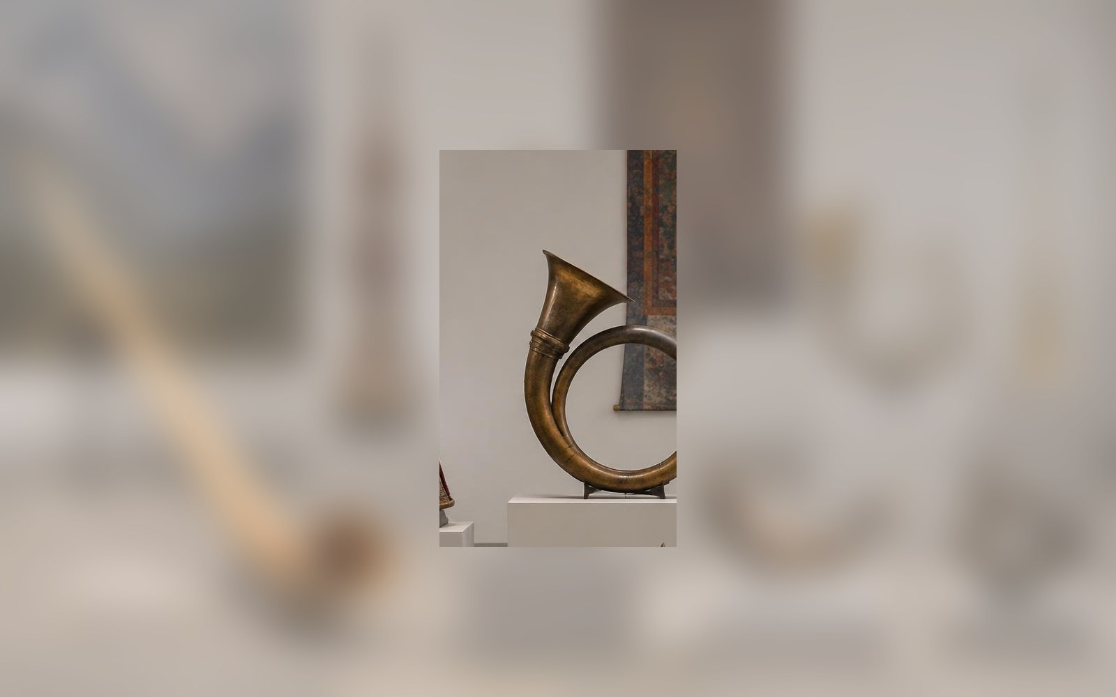 A historic coiled waldhorn on display