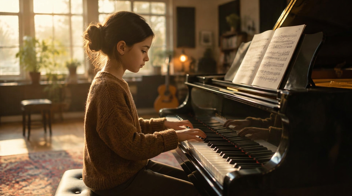 A young student playing a grand piano in a sunlit studio