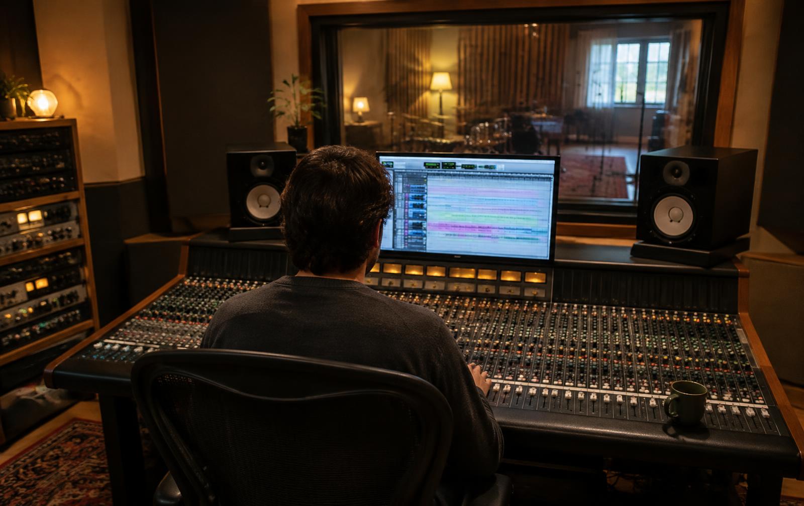 A producer working at the mixing console in a recording studio control room