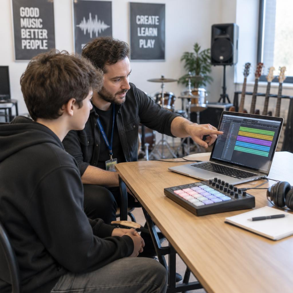 A production teacher pointing at a laptop timeline while a teen student watches, with a pad controller on the desk