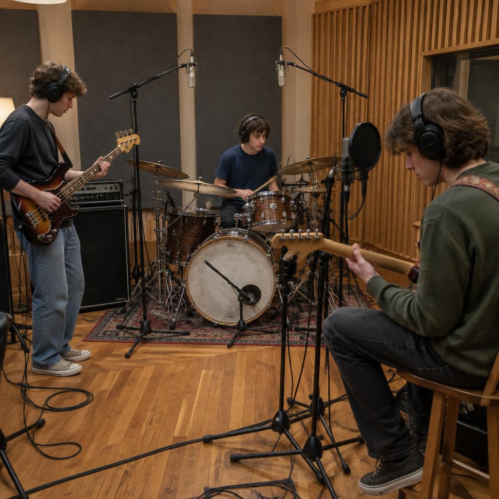 A teen band wearing headphones recording around microphones in a studio live room — drummer, bassist and guitarist