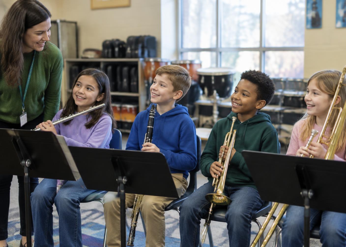 Third grade students with flutes, clarinets and trumpets in a beginner band class with their teacher